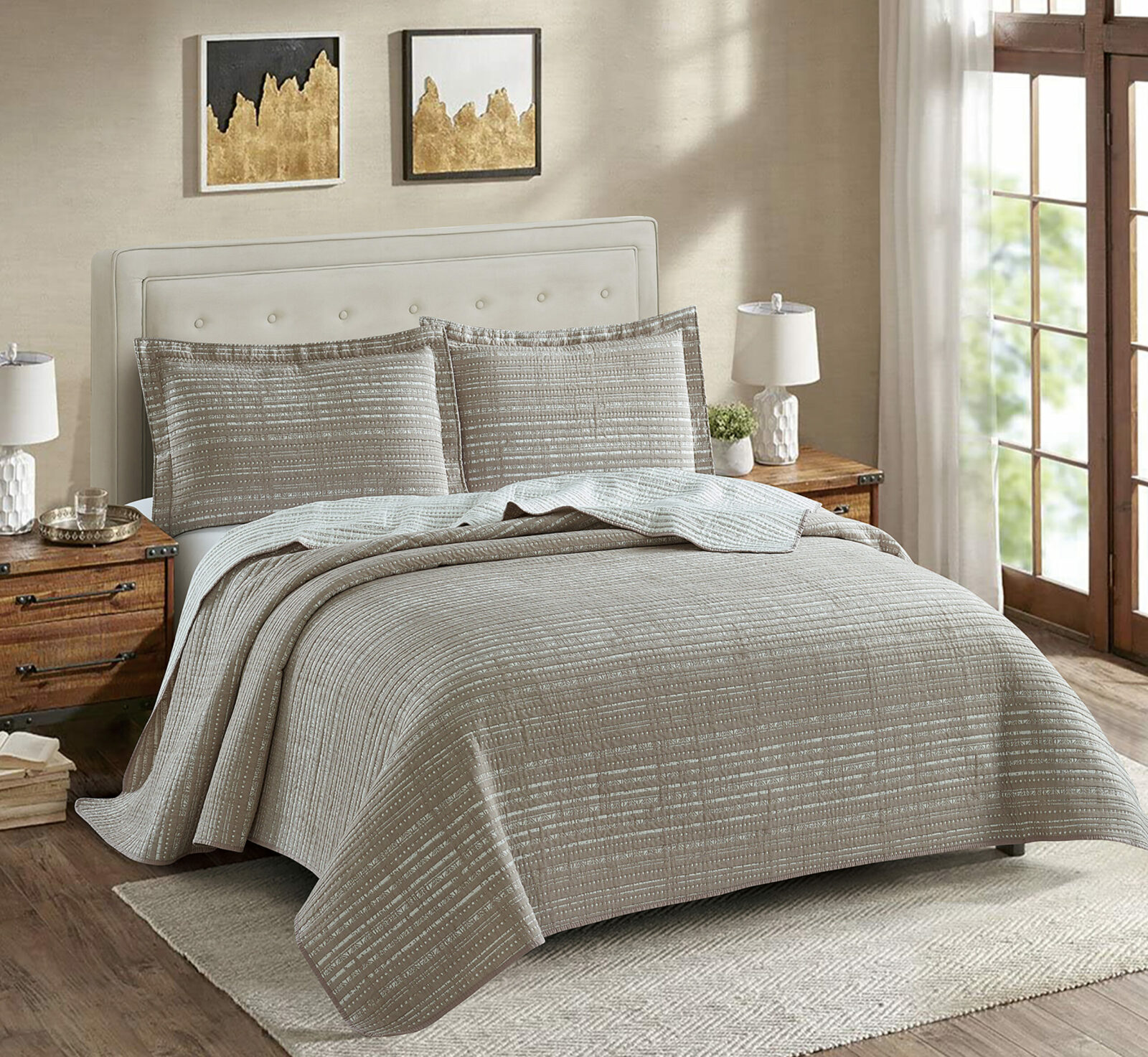 Novotextil-Colcha Fina Primavera/Verano Tela Jacquard para Camas Desde 90 hasta 180. Interior 100% alogodón, Exterior 100% poliéster - ✅ Entrega 24/72h a toda españa - Londres Marrón