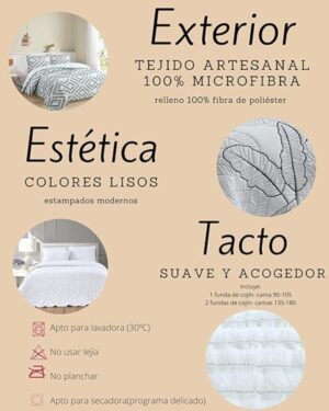 NOVOTEXTIL Colcha Boutí Blanca Estampada - Moderna y Ligera con Diseño Artesanal 100% Microfibra Extrasuave - Cubrecama para Verano y Entretiempo con 1 o 2 Fundas Almohada (50x70) - ✅ Entrega 24/72h a toda españa - Imagen 3